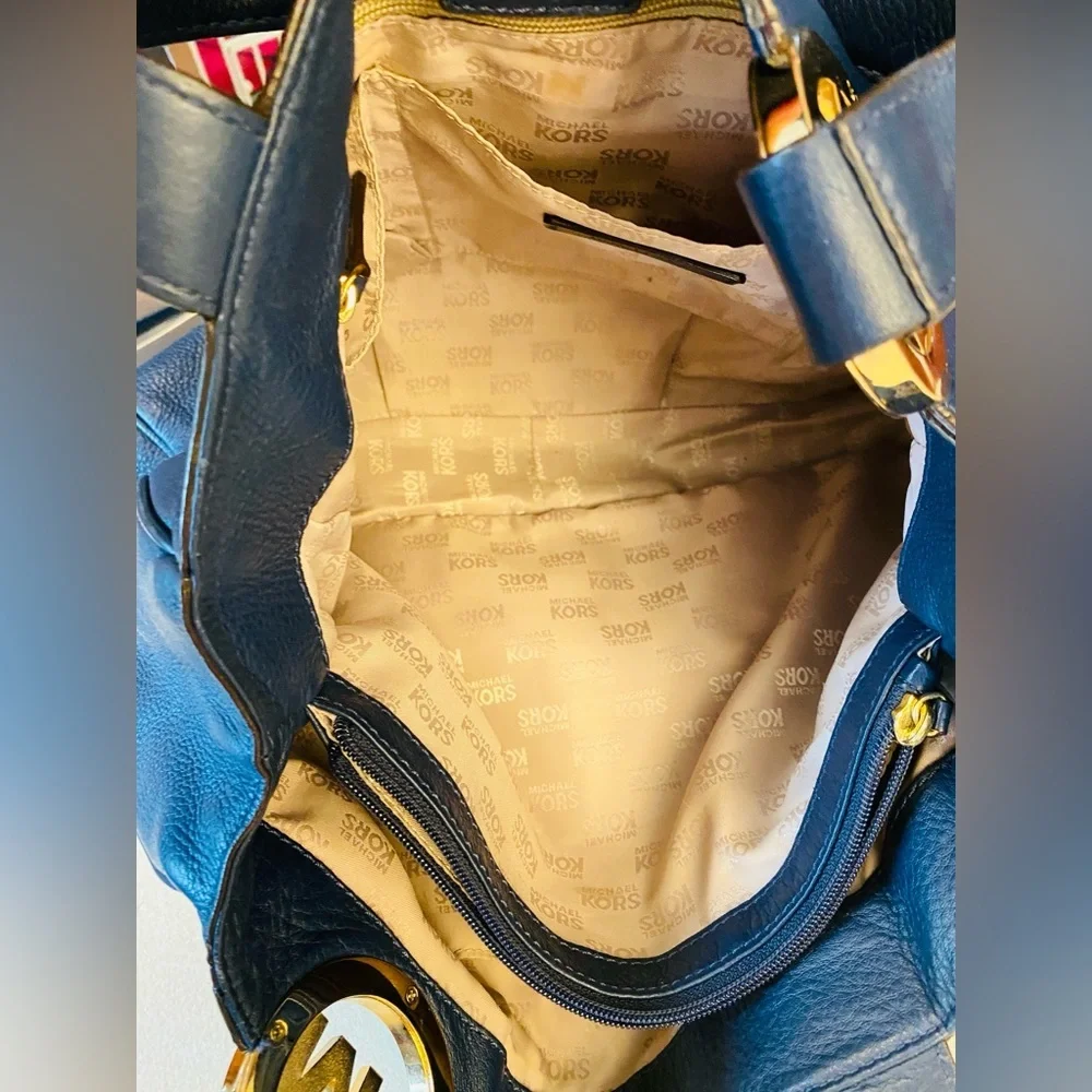 MICHAEL KORS Fulton Blue Pebble Leather Gold MK Logo Hobo Shoulder Bag, EUC